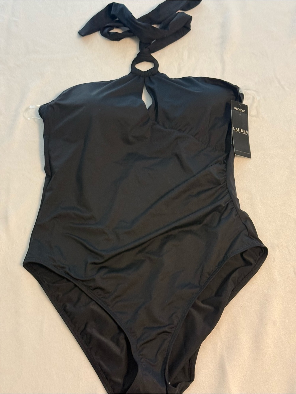Lauren Ralph Lauren Black Halter One-Piece Swimsuit with Ring Detail. Size 16.